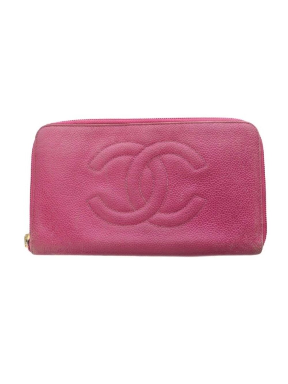 Chanel Wallet Zip Around Logo Embossed Leather Pink
